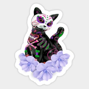 Day Of The Dead Sugar Skull Cat Purple Flowers Sticker